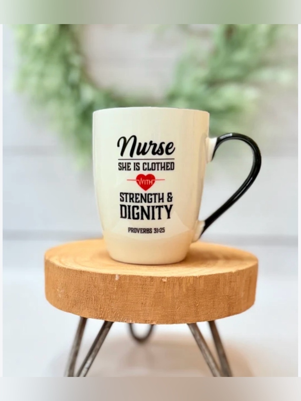 #3188* Nurse Strength & Dignity Ceramic Mug - Cream W/Black Handle & WHT Horse